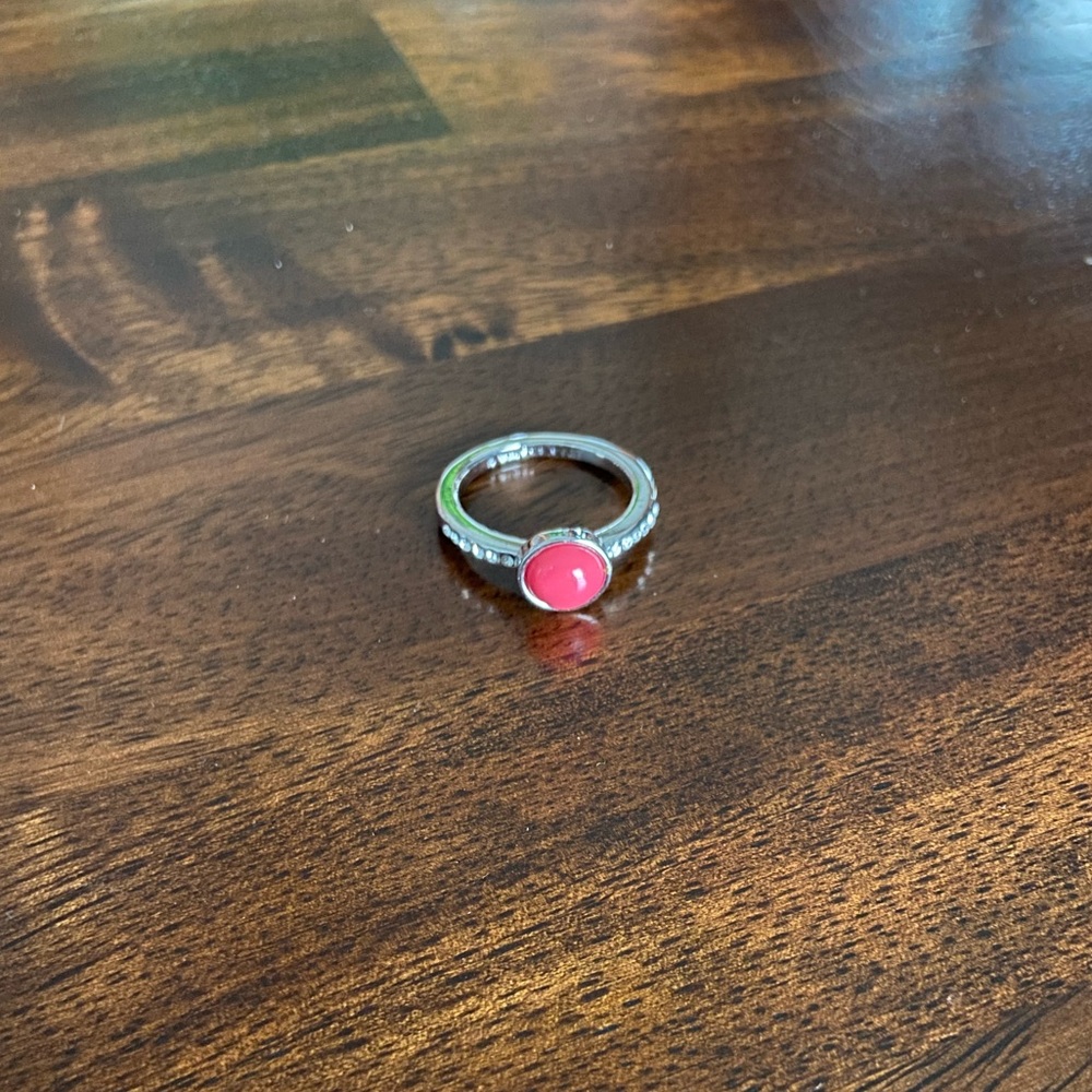 Lia Sophia Silver-Tone Ring with Bright Pink Cabochon